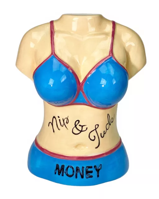 6.5” Nip & Tuck Money Coin Bank Ceramic Vtg Gag Gift Bust Blue Bikini