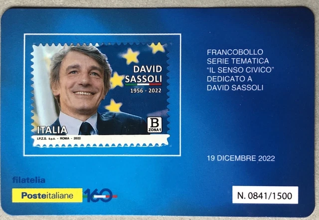 ITALIA 2022 DAVID SASSOLI TESSERA FILATELICA FRANCOBOLLO tiratura 1500