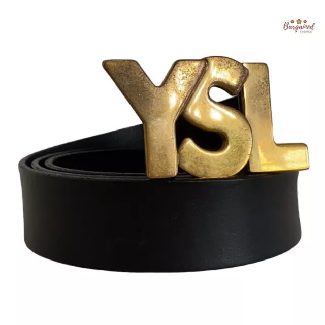 AUTHENTIC YVES SAINT Laurent Black Leather Gold YSL Buckle Belt Size ...