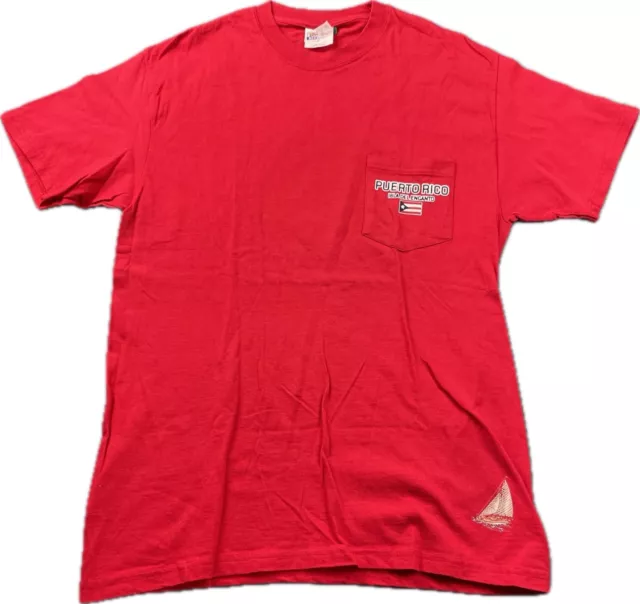 90’s Hanes Beefy T Puerto Rico Isla De Encanto Pocket Red T Shirt Sz M Sailboat