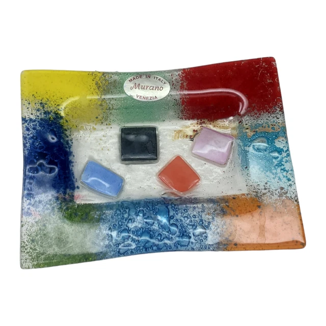Murano Art Glass Fused Trinket Dish Venezia Color Block 4.5" x 3" Dish Italy