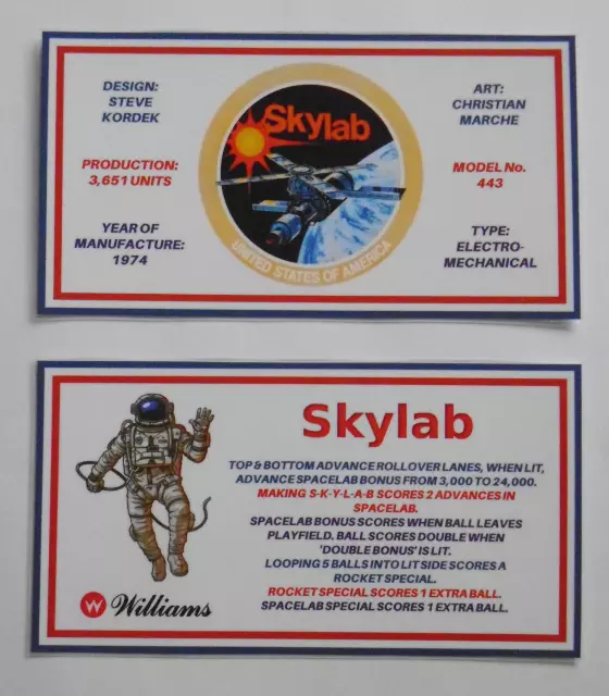 * * 'SKYLAB' Williams 1974 Custom Instruction/Apron Cards * * (New)