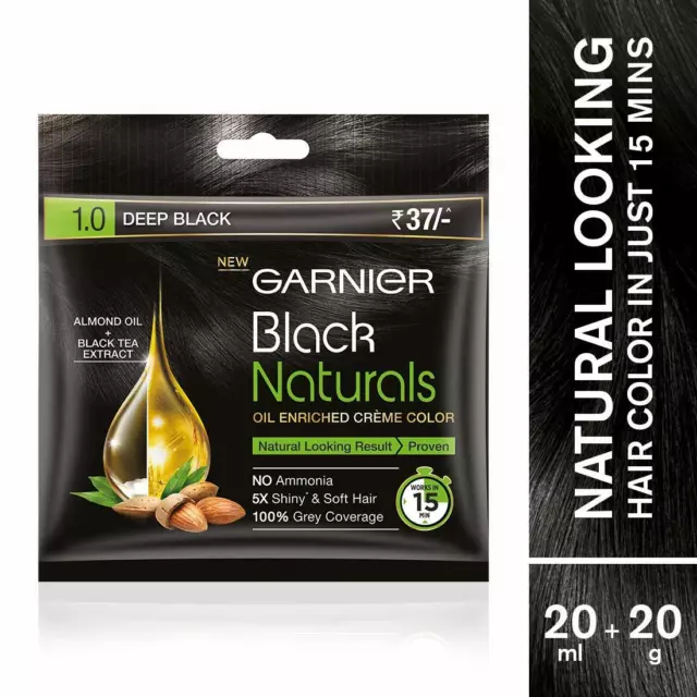 Garnier Black Naturals, Hair Colour (20ml+20g, Deep Black) (Pack Of 4 Pouch)