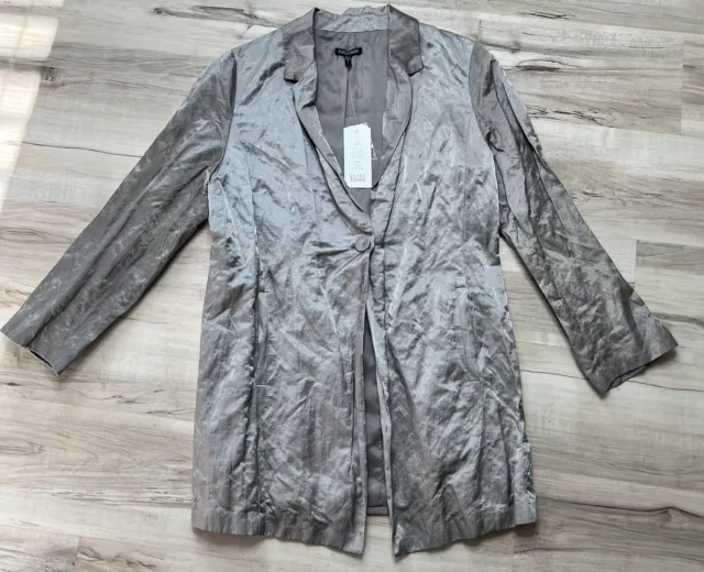 Eileen Fisher Steel Satin Stone Crinkle Midi Metallic Chic Blazer Jacket NWT