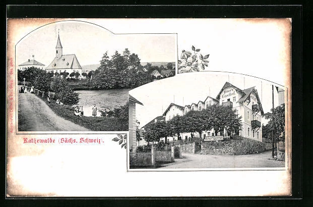 AK Rathewalde, Ritter´s Gasthof, Straßenpartie mit Kirche