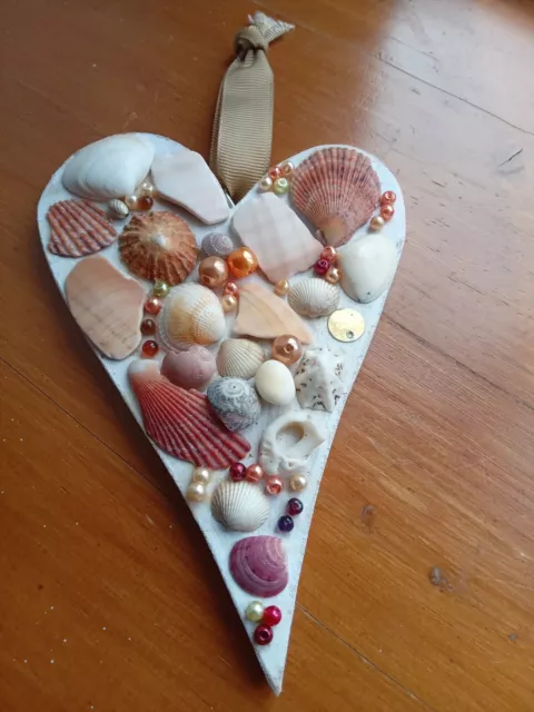 Wooden Handmade Heart * Pretty Shells Beads - Decorative Gift, Wedding Christmas