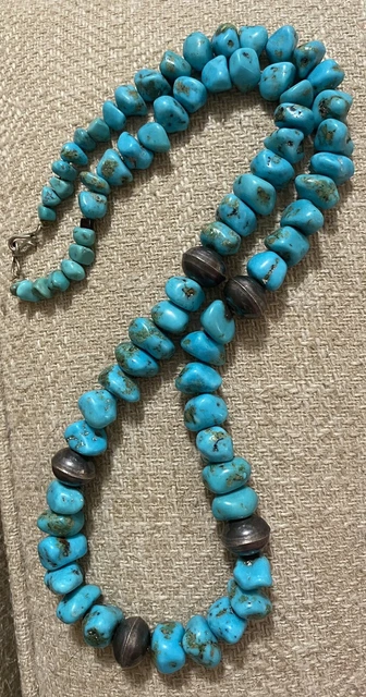 Old Pawn Navajo Native Silver Bench Bead Turquoise Stones 27 Inch Necklace Old Pawn Navajo Native Silver Bench Bead Turquoise Stones 27 Inch Necklace