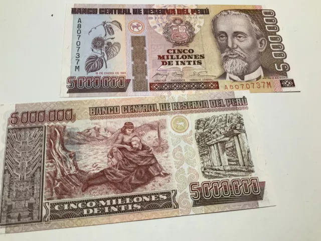 -Banknoten. Peru. 5. Millionen  Intis. 1991. Nr. 150. Unc