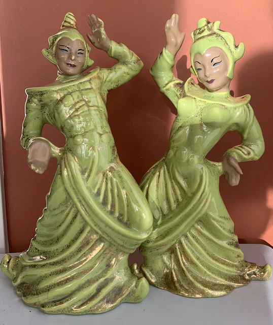 Pair Of Midcentury Gilner Ceramic Asian Dancers Chartreuse Gold Pottery USA 14”