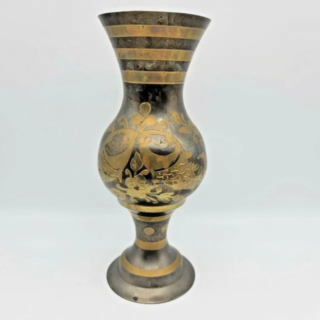Solid Brass Vase Etched KOI Fish Made in India 9-1/2in tall 3-1/2in diameter VTG