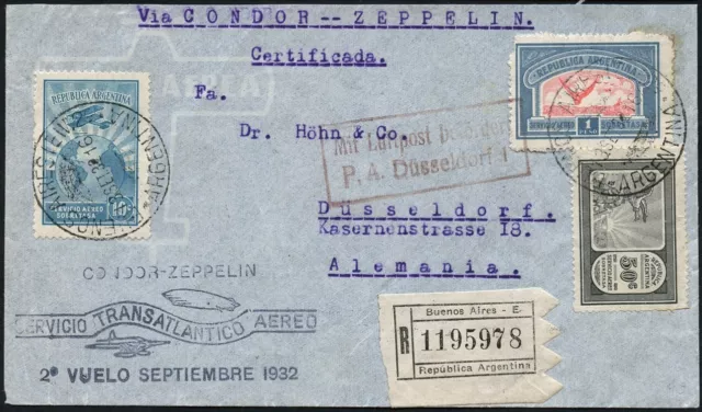 Zeppelin 1932 Argentinien 6. SAF Brief MiF Buenos Aires Düsseldorf Si 179 / 2040