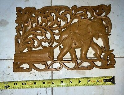 Hand Carved Solid TeaK Wood 3D Elephant Wall Plaque Carving High Relief