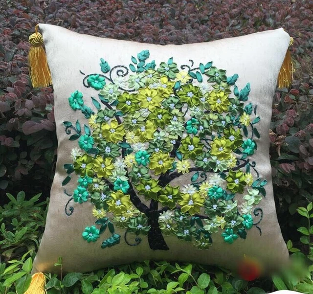 Acabado 40x40cm Flor Verde Árbol Feliz Cinta Bordado Kit Funda de Almohada