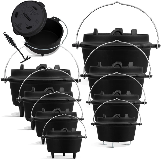 KESSER® Dutch Oven Set mit Deckelheber BBQ Feuertopf Schmortopf, Gusseisen Topf
