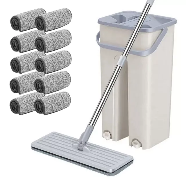 360° Flat Mop Bucket Set Squeeze Dry Microfibre Floor Mop Cleaner 10 Refill Pads