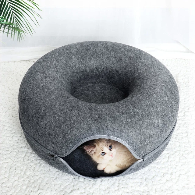 Felt Cat Bed Cave Round Donut Tunnel Nest Wool Bed Gray for Cats and Kittens