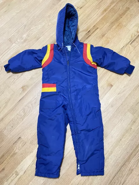 Vintage Sears Snow Ski Suit Blue Red Yellow Youth Size 4 Zip Insulated Coveralls