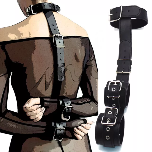 PU Leather Bondage Back Handcuffs Restraints Arms Collar Fix Neck BDSM Fetish