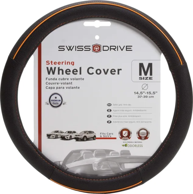NEW Sumex Branded Soft Leather Car Steering Wheel Cover - Black with Orange Line