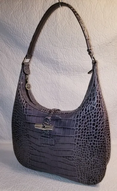 LONGCHAMP Gray Croc Embossed Leather Shoulder Bag Handbag Purse