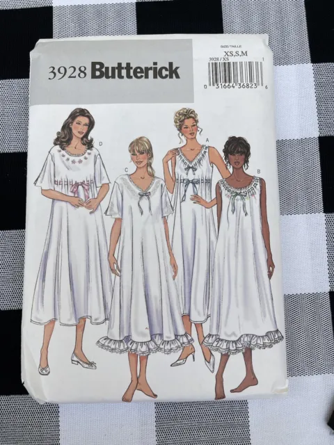 Butterick 3928 Loose Nightgown with Ruffle Hem Misses Size XS S M Sewing Pattern