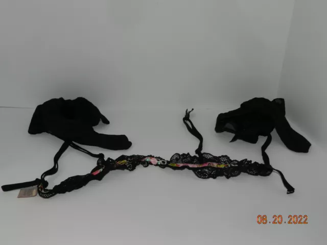 Victorias secret black garter belt Size xs/s thigh highs leopard floral trim