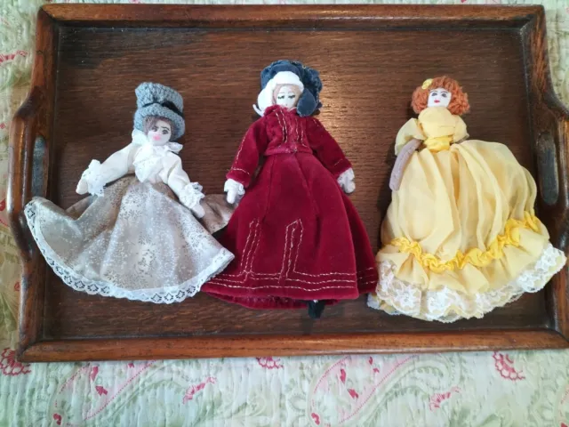 3 Vintage Handmade Lady Rag Dolls approx 22cm Victorian Dressed VGC Collectable.