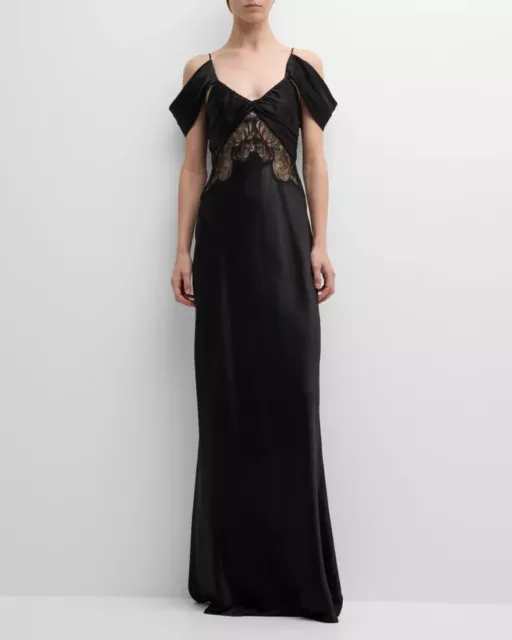 ALBERTA FERRETTI Draped Off-The-Shoulder Lace-Inset Satin Gown Women's 42 Black