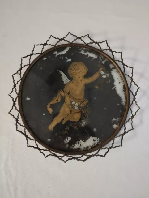 Joli petit plateau en verre peint et gallerie en laiton motif ange doré 1920-30