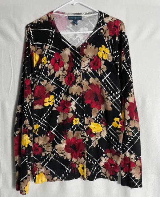Karen Scott Sz XL Black Floral Button Up Cotton Blend Sweater Cardigan