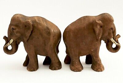 PAIR ART DECO 1920s 30s CERAMIC CLAY ELEPHANT BOOKENDS SCULPTURE FIGURE STATUE