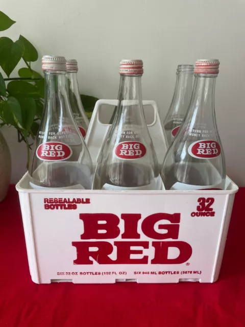 Vintage Big Red Soda Six Pack 32 Oz Glass Bottles 5 Orig Caps in Plastic Carrier