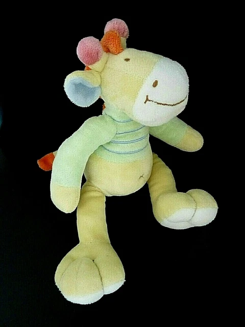 T8. DOUDOU PELUCHE MOTS D'ENFANTS GIRAFE JAUNE VERT BLEU CROIX 26cm - ETAT NEUF*