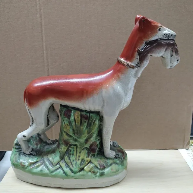 Mid-Late 19th Century Staffordshire Whippet Hunting Dog w/Rabbit HUGE 11" Figure