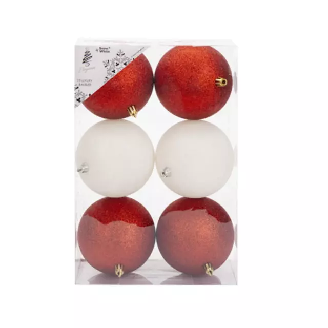 12 Pack 50mm Glitter Baubles Christmas Tree Decoration - Red / White