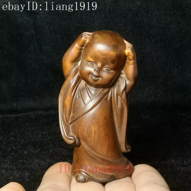 H 3.3 inch Old Chinese Boxwood Hand Carved lovely boy lad Buddha Figure Statue