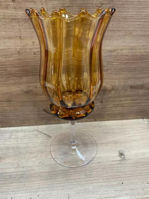 Art Glass Vase Candle Holder Amber Vintage Blown Ribbed Optic Italy Empoli 8"