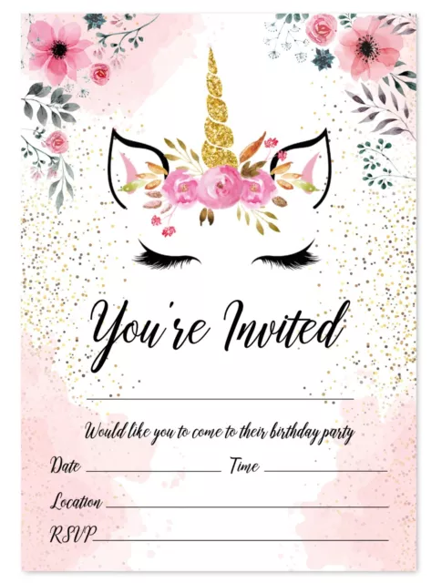 Unicorn Theme Birthday Party Invitations Kids Invites Children Pink Girls