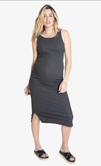 Isabel Ingrid Maternity Heather Gray Ribbed Tank  Ruched Sleeveless Dress XL $98