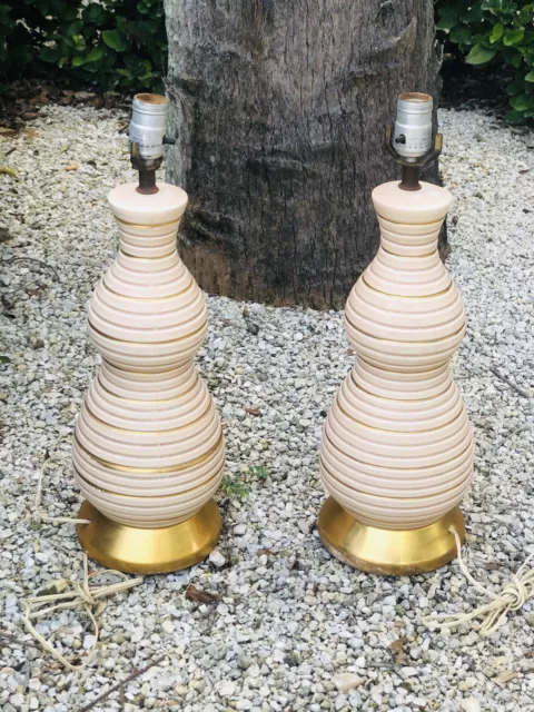 PAIR Vintage 1950’s Mid Century Modern Ceramic Pink Gold Striped Table Lamps