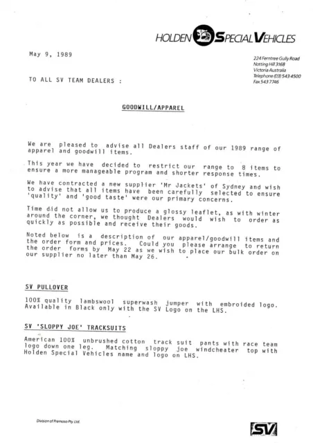 Holden HSV SV VN  era  Goodwill Internal Memo See Commodore Brochure