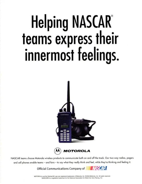 Motorola Helping NASCAR Two-Way Radio Pagers Phones Magazine Advertisement
