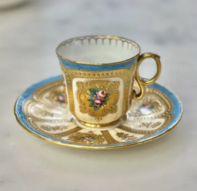 Antique Cauldon Turquoise Enamel Raised Gold Demitasse Coffee Cup Saucer Bwm
