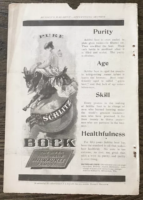 1899 SCHLITZ BOCK Vtg Pre-Pro Beer Print Ad Milwaukee Brewery~Fairy Girl on Goat 3