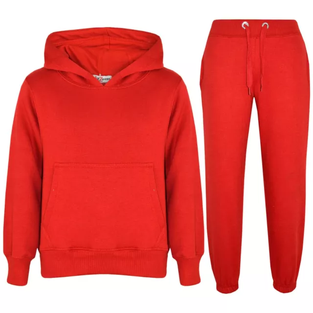Kids Girls Boys Plain Red Hooded Hoodie Tracksuit Jogging Suit Joggers 5-13 Year