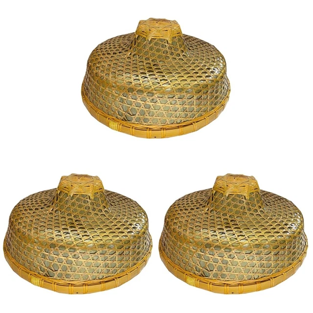 3pcs Oriental Style Bamboo Weaving Sun Hat Farmer Fishing Hat Inner Bowl Rope