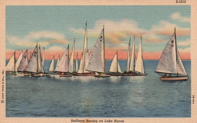 Postcard MI Sailboat Racing on Lake Huron Unposted 1947 Linen Vintage PC G4105