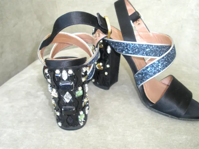 $2K Marni Crystal Embellished Black Satin Strap Sandals, Shoes, Heels, 40/10