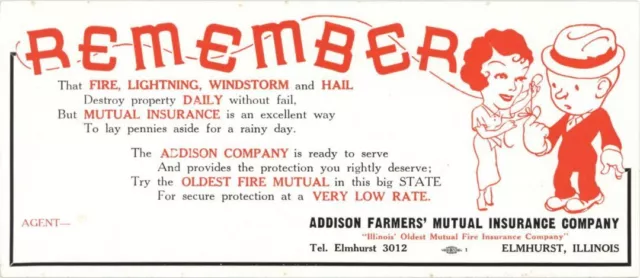 Advertising Card for Addison Farmers' Mutual Insurance Company - Insurance - Ins