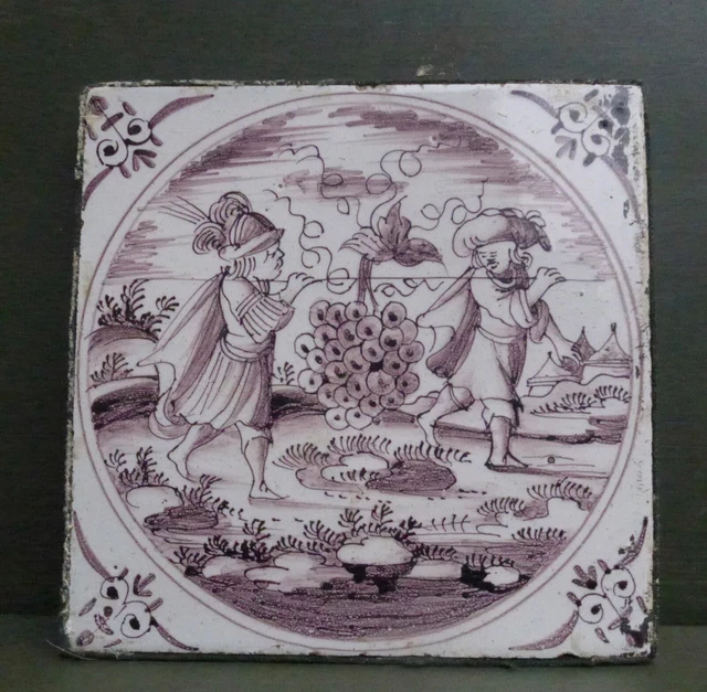 Rare Antique Delftware tile with de spies with grapes, Delft 18th. century